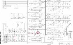 Schemat wzmacniacza Genius 5.1 SW-HF6000 z zaznaczonym tranzystorem Q1.
