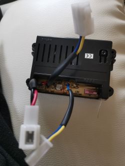 Nahaufnahme eines schwarzen elektronischen Moduls mit Drähten und Steckverbindern.