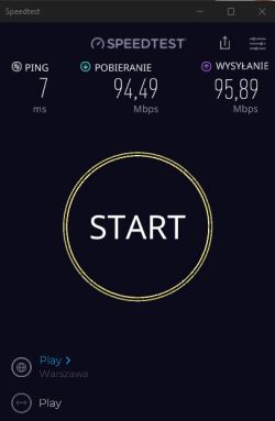 Zrzut ekranu testu prędkości internetu na stronie Speedtest z wynikami pobierania i wysyłania około 95 Mb/s.