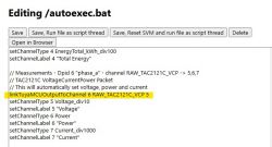 Screenshot of the autoexec.bat file editor with a highlighted script line related to the RAW_TAC2121C_VCP 5 command.