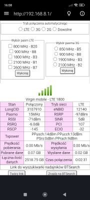 Zrzut ekranu ustawień połączenia LTE na routerze z wybranym pasmem 1800 MHz.