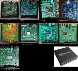 Kolaż płytek PCB konwertera SCART/HDMI z podpisami roczników oraz zdjęcie czarnej obudowy „HD Video Converter”.