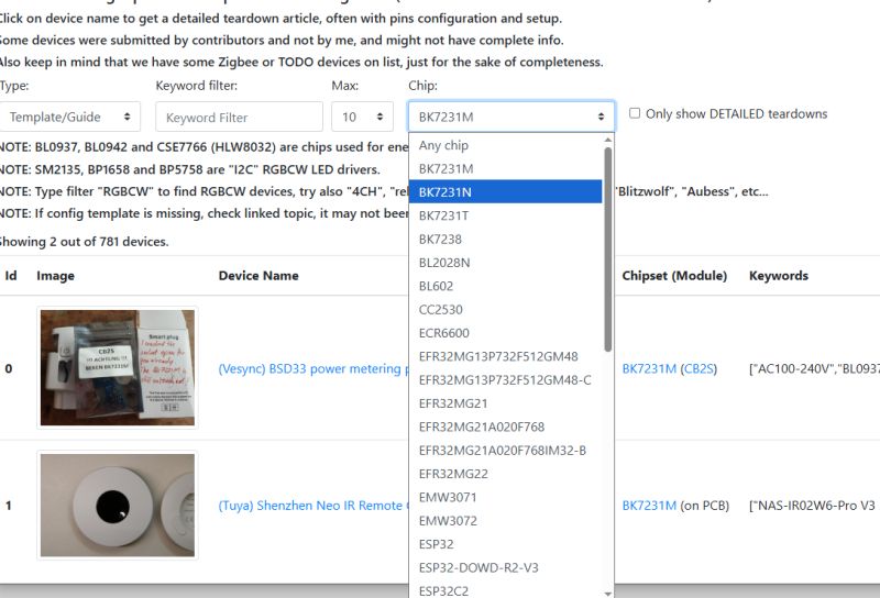 Dropdown list with chip selection and table of devices with names and images