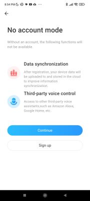 App No Account Mode Options App screen showing no account mode options.