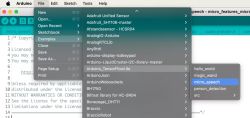 Zrzut ekranu z programu Arduino IDE z otwartym menu Examples i zaznaczoną opcją micro_speech w bibliotece Arduino_TensorFlowLite.