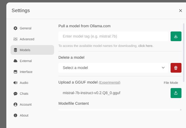 Model Settings Panel in Open WebUI Screenshot of the settings panel in the Open WebUI application with the Models tab selected.