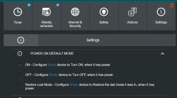 Control panel with settings for Shelly device, with ON option checked in the default mode.