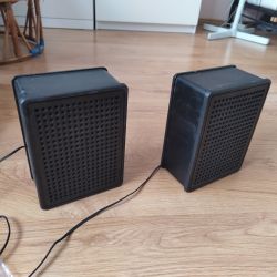 Dwa czarne głośniki z przewodami na drewnianej podłodze