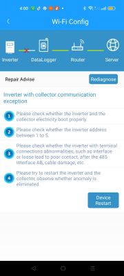 Wi-Fi configuration screen with inverter communication exception message.