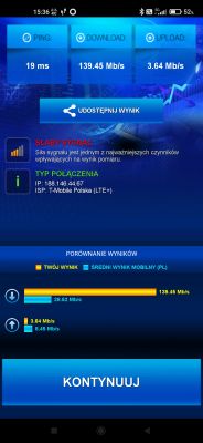 Zrzut ekranu wyników testu prędkości Internetu z aplikacji, pokazujący ping 19 ms, prędkość pobierania 139,45 Mb/s i prędkość wysyłania 3,64 Mb/s z informacją o słabym sygnale.