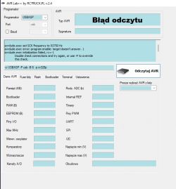 Interfejs programatora AVR z komunikatem o błędzie odczytu.