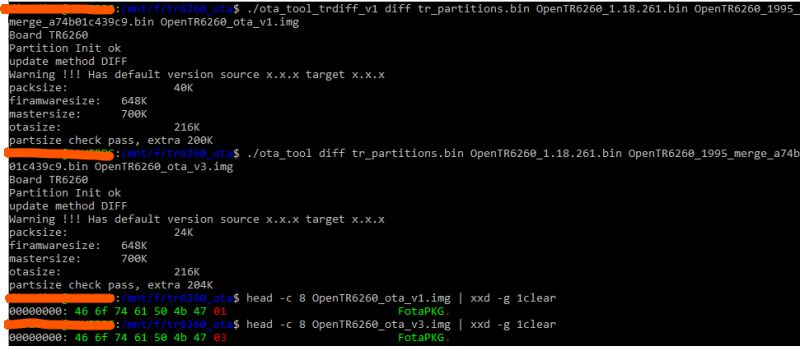 Terminal output with ota_tool diff commands and xxd header showing “FotaPKG”, with orange underlines highlighting lines