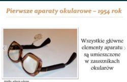 Photo of glasses with a built-in hearing aid from 1954, with components placed in the temples.