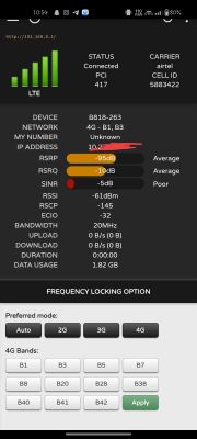 LTE Router Management Panel with Network Details and Band Selection Options Screenshot of an LTE router management panel showing network connection details and options for band and mode selection.