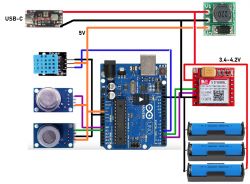 Schemat połączeń dla modułów Arduino, czujników i baterii Li-Ion z konwerterem napięcia.