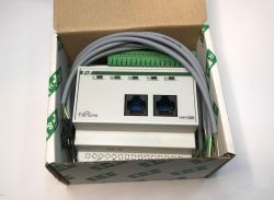 F&amp;Home mH-S8B electronic module in an open box with visible RJ ports and wires.
