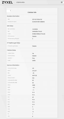 Ekran informacji o sieci komórkowej urządzenia Zyxel LTE5398-M904