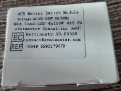 Label on a 4CH Matter Switch Module with technical and contact information.