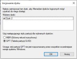 Okno dialogowe inicjowania dysku w systemie Windows