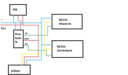 Schemat podłączenia serwa z PIR i dwoma układami NE555 przez przekaźnik