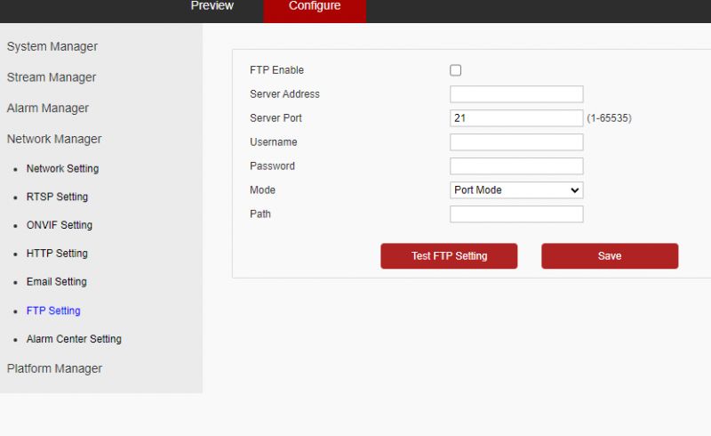 Zrzut ekranu ustawień FTP kamery IP