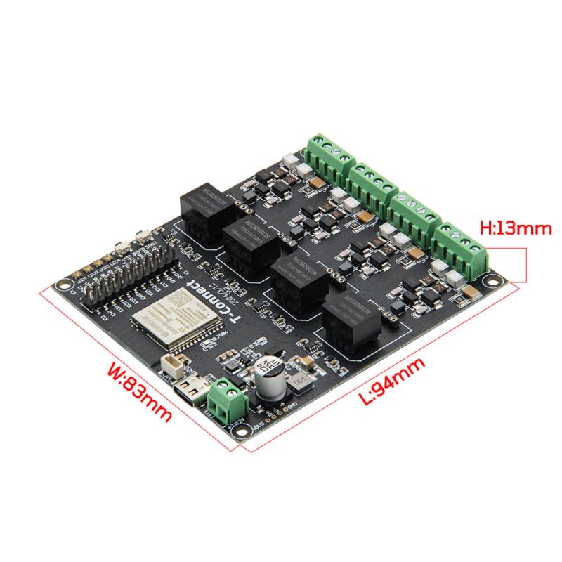LilyGO T-Connect board with green screw terminals and labeled dimensions 94×83×13 mm