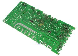 Green printed circuit board with electronic components Green PCB with visible conductive traces, solder points, and surface-mount components.