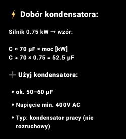 Podłączenie silnika 3-fazowego na 230V – dobór kondensatora i schemat połączeń