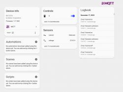 Screenshot of MQTT interface showing device info, controls, sensors, and a logbook.