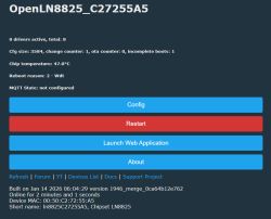 OpenLN8825 device interface with system status and config/restart buttons