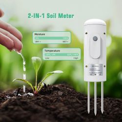 2-in-1 soil sensor next to a plant, measuring moisture and temperature.
