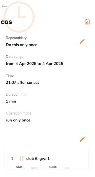 A scheduling app screen showing a single task set for April 4, 2025 at 21:07 after sunset.