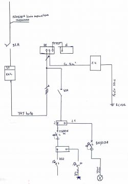 Schemat instalacji elektrycznej z elementami takimi jak bezpieczniki, linie kablowe i przewody.