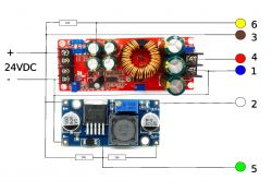Diagramm eines elektronischen Schaltkreises mit Anschlussbezeichnungen mittels farbiger Kabel und Nummern.