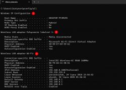 Zrzut ekranu z wynikiem polecenia ipconfig /all w wierszu poleceń Windows, pokazujący trzy sekcje ustawień sieciowych.
