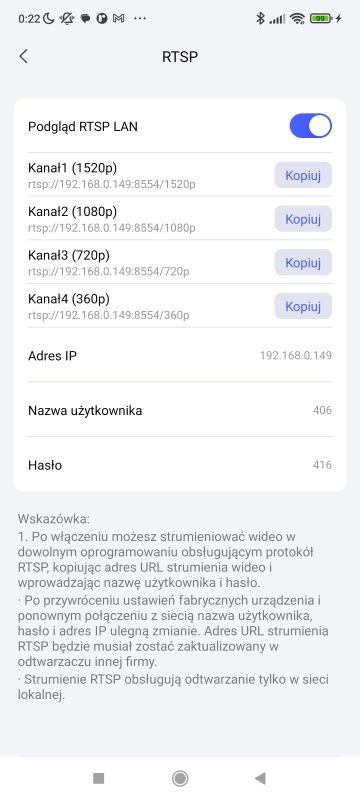 Ekran konfiguracji RTSP z adresami kanałów w aplikacji mobilnej