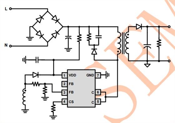 Internal circuit diagram of a simplified flyback converter using PL3378 controller