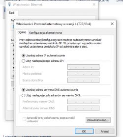 Karta sieciowa Ethernet nie ma poprawnej konfiguracji IP.