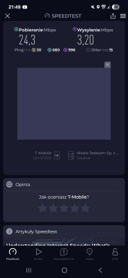 Zrzut ekranu z aplikacji Speedtest pokazujący wyniki testu prędkości internetu: pobieranie 24,3 Mbps, wysyłanie 3,20 Mbps, sieć 5G T-Mobile.
