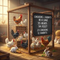 Cage with chickens and rabbits and a sign listing heads and feet totals.