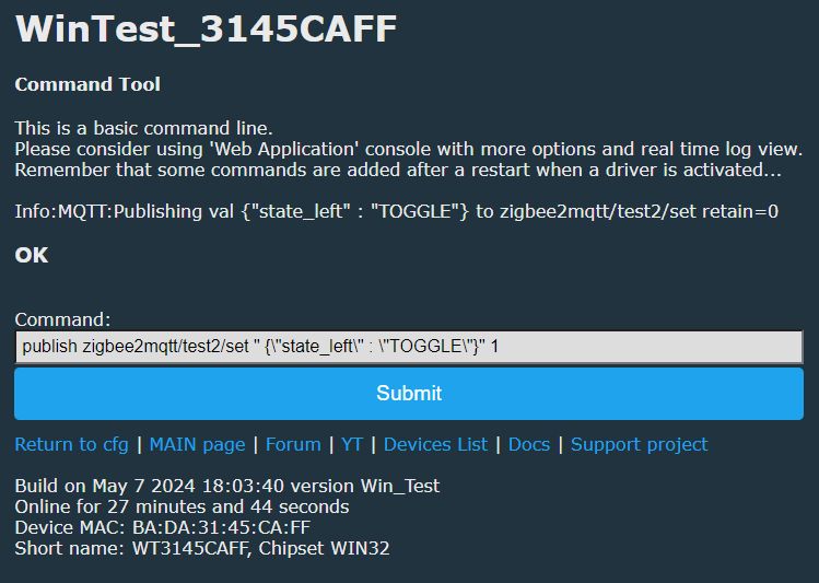 Screenshot of Command Tool with MQTT Command Screenshot of WinTest_3145CAFF command line tool with MQTT command.