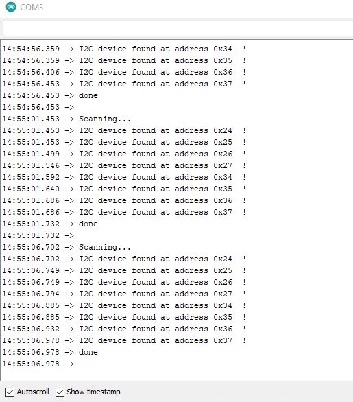 Zrzut ekranu z wynikami skanowania I2C na Arduino