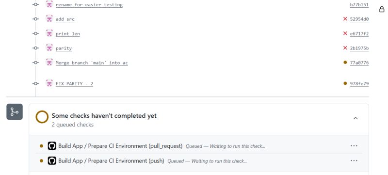GitHub commit history and CI status with failed and pending checks displayed.
