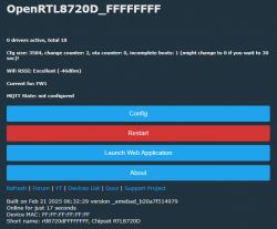 OpenRTL8720D configuration screen with buttons: Config, Restart, Launch Web Application, About.