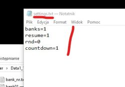 Notepad screenshot showing settings.txt with banks, resume, rnd, and countdown parameters