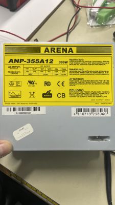 Zasilacz ATX Arena ANP-355A12 355W z opisem parametrów na żółtej etykiecie