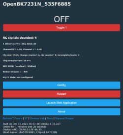 OpenBK7231N control panel with OFF button and system status details