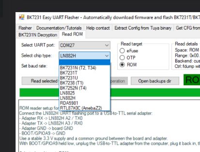 Screenshot of BK7231 Easy UART Flasher showing chip type dropdown and COM port settings