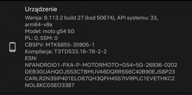 Zrzut ekranu z informacjami o urządzeniu Motorola G54 5G.