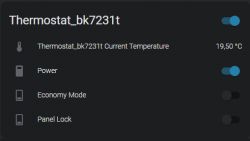 Thermostat interface with various settings, including current temperature, power, economy mode, and panel lock.